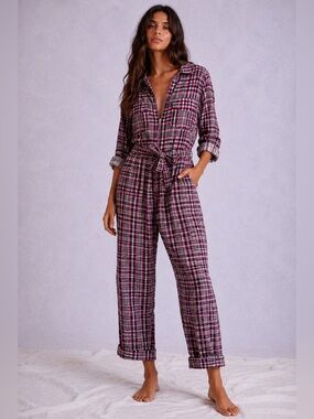 Ganni Pink Plaid Tie-Waist Jumpsuit